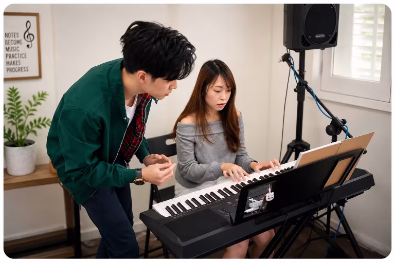 An instructor teaches a student music