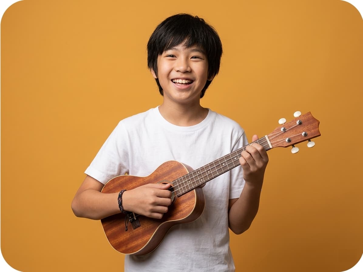 a kid is playing Ukulele in a happy mod